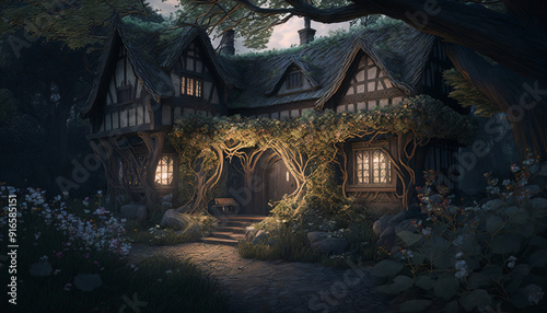 Cottage overgrown with ancient trees. Surreal mystical fantasy artwork