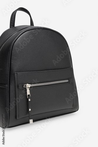 Female fashion beige hand bag backpack isolated on transparent background. Black leather unisex casual shoulder backpack. — photography