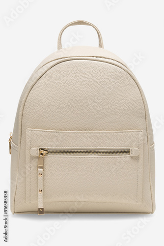 Female fashion beige hand bag backpack isolated on transparent background. Grey leather unisex casual shoulder backpack. — photography