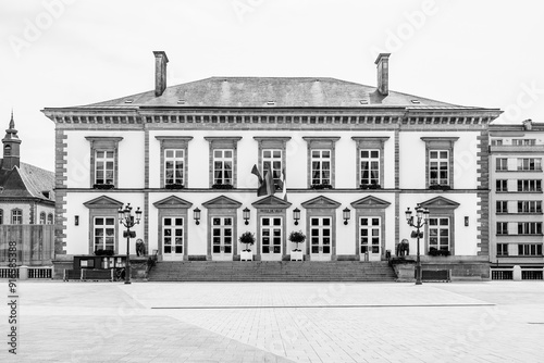 Luxembourg City: The facade of the city hall building in black and white photo