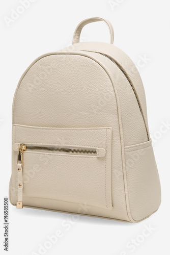 Female fashion beige hand bag backpack isolated on transparent background. Grey leather unisex casual shoulder backpack. — photography