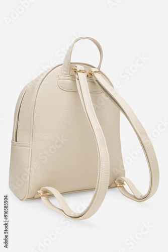 Female fashion beige hand bag backpack isolated on transparent background. Grey leather unisex casual shoulder backpack. — photography