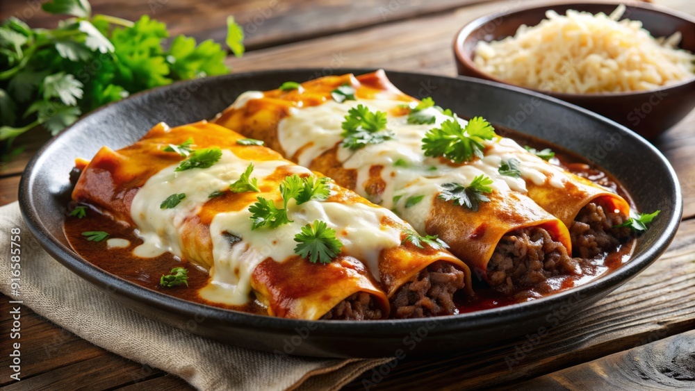 Savory beef and cheese enchilada smothered in rich brown sauce and melted three-cheese blend, garnished with fresh cilantro and served with steaming rice. Savory beef and cheese enchilada smothered in rich brown sauce and melted three-cheese blend, garnished with fresh cilantro and served with steaming rice.