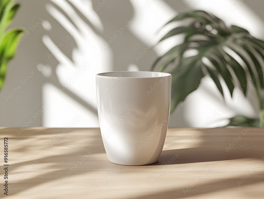 White tumbler mockup displayed on a light wooden surface, with subtle highlights and shadows White tumbler mockup displayed on a light wooden surface, with subtle highlights and shadows
