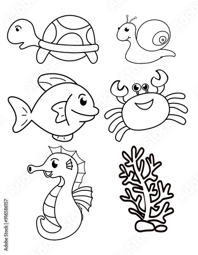 Cute Sea Animals Collection in black and white and color