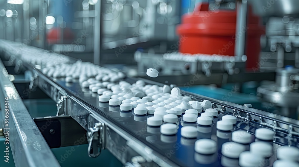 Obraz premium Production of tablets in a factory on a conveyor belt