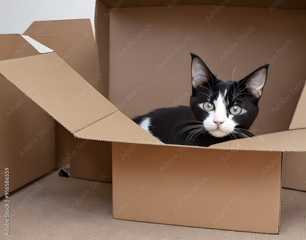 Fototapeta premium Cat Trying to Squeeze into a Ridiculously Small Box with a Determined Look