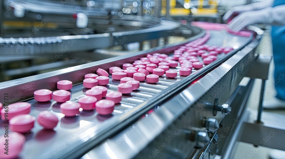 Fototapeta premium Production of tablets in a factory on a conveyor belt