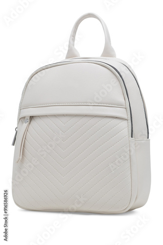 Female fashion beige hand bag backpack isolated on transparent background. White leather unisex casual shoulder backpack. — photography