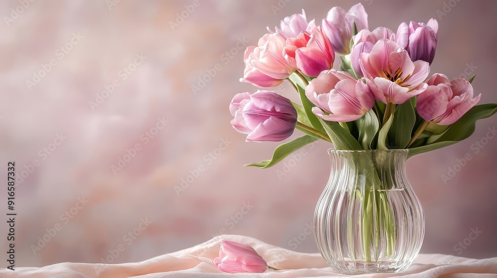 Crystal vase with tulips and aromatic oil on a rustic table. Crystal vase with tulips and aromatic oil on a rustic table.