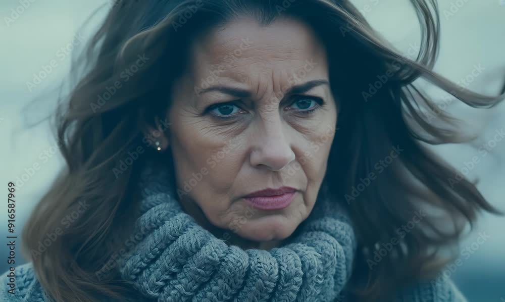 Medium shot portrait video of a serious Russian woman in her 40s wearing a cozy sweater against an abstract background Medium shot portrait video of a serious Russian woman in her 40s wearing a cozy sweater against an abstract background