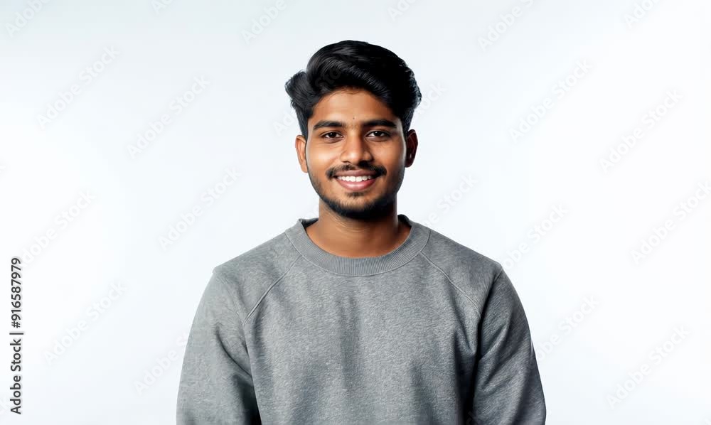 Young handsome Indian man in a gray sweatshirt on a white background Young handsome Indian man in a gray sweatshirt on a white background
