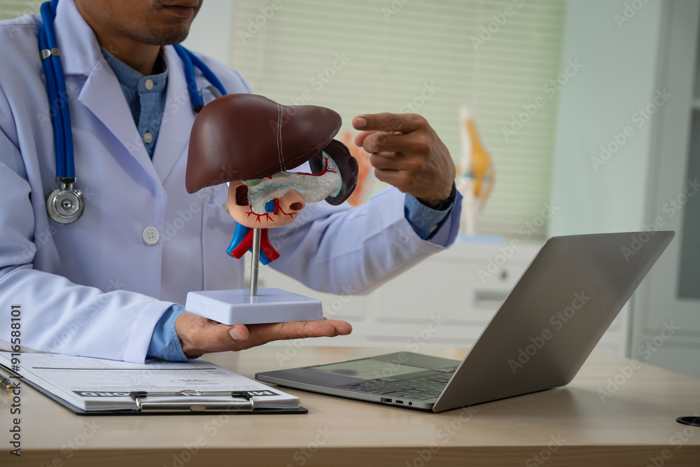 Obraz premium A male doctor sits at a table in a liver disease clinic, giving online advice on hepatitis A, D, E, pancreatitis, fatty liver, cirrhosis, liver cancer, and pancreatic cancer.
