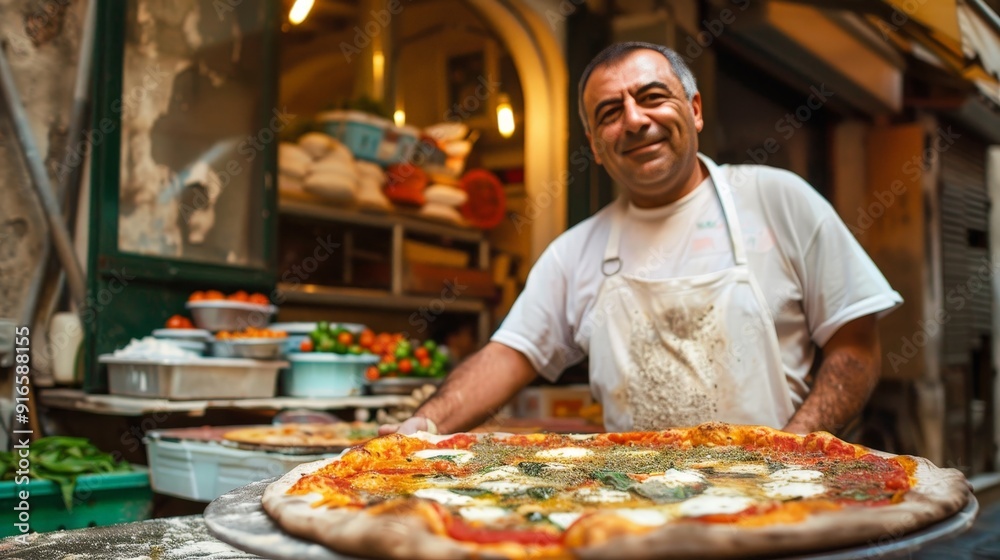 The pizzaiolo expertly spins the dough before topping it with San Marzano tomatoes, fresh mozzarella, and a drizzle of olive oil.