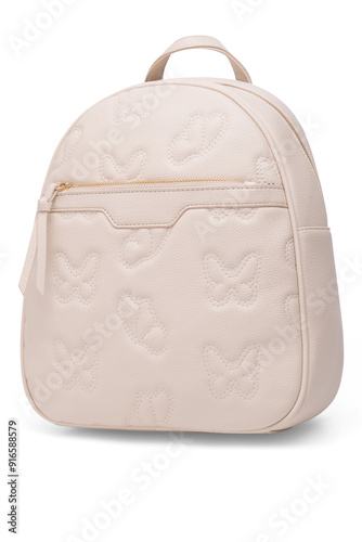 Female fashion beige hand bag backpack isolated on transparent background. Pink leather unisex casual shoulder backpack. — photography