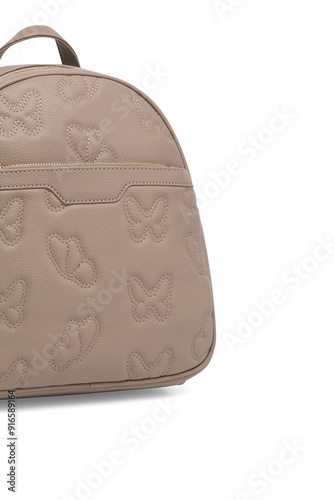 Female fashion beige hand bag backpack isolated on transparent background. Grey leather unisex casual shoulder backpack. — photography
