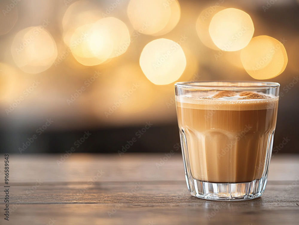 A refreshing glass of iced coffee sits on a wooden table, illuminated by warm bokeh lights in the background. A refreshing glass of iced coffee sits on a wooden table, illuminated by warm bokeh lights in the background.
