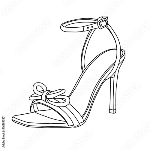 Women's Double Bowknots Sandals With Slingback Heels Square Toe Shoes Line Art, Technical sketch hand drawing outline vector doodle illustration, various view isolated on white background