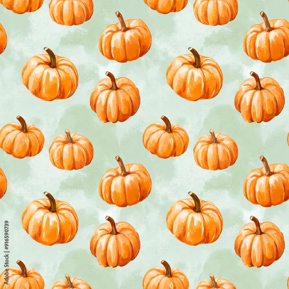 orange pumpkins on a textured light green background, seamless pattern in watercolor style for textile and printed products design