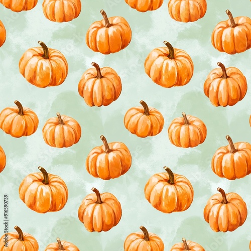 orange pumpkins on a textured light green background, seamless pattern in watercolor style for textile and printed products design
