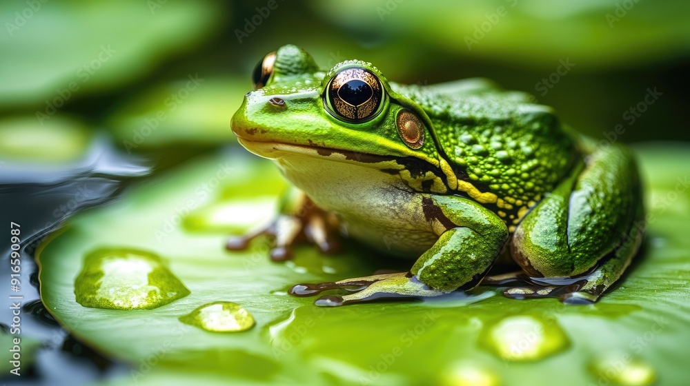 A close-up of a frog sitting on a lily pad in a pond, with water droplets clinging to its bright green skin. A close-up of a frog sitting on a lily pad in a pond, with water droplets clinging to its bright green skin.