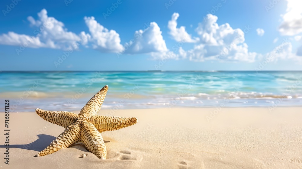 Tropical beach with sea star on sand, summer holiday background Tropical beach with sea star on sand, summer holiday background