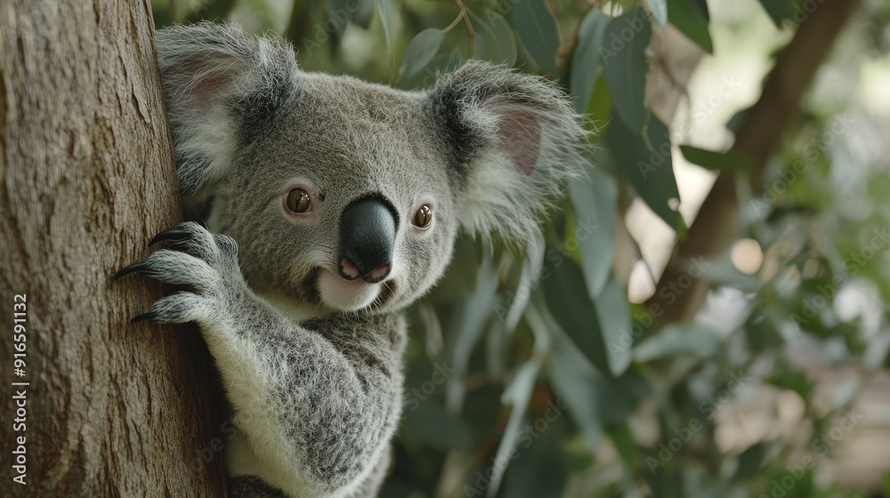 Fototapeta premium A close-up of a koala bear clinging to a eucalyptus tree, with its fuzzy ears and nose clearly visible.