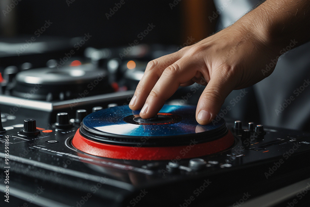 DJ skillfully adjusting turntables and mixes tracks, immersed in the vibrant atmosphere of a live music event DJ skillfully adjusting turntables and mixes tracks, immersed in the vibrant atmosphere of a live music event