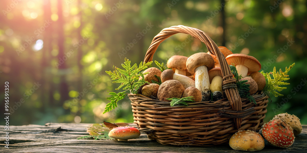 Basket filled with a variety of freshly picked edible mushrooms, placed on a rustic wooden table with a forest background with copy space. Basket filled with a variety of freshly picked edible mushrooms, placed on a rustic wooden table with a forest background with copy space.