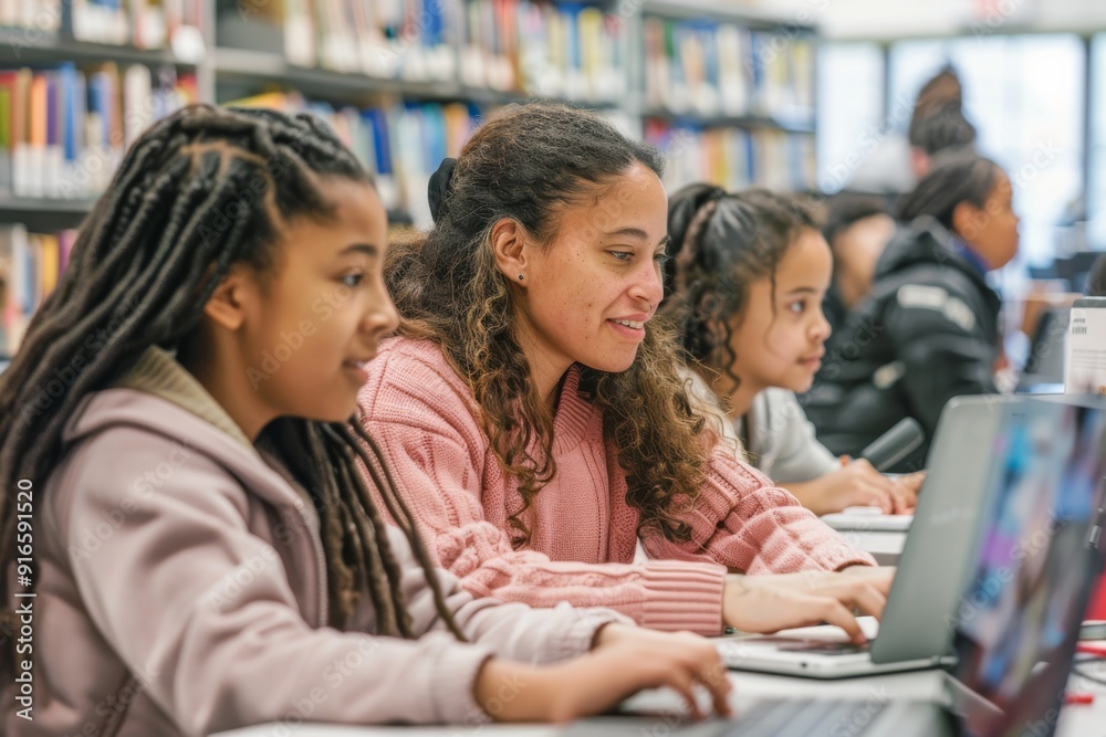 In a school library, students collaborate using laptops for digital learning to achieve academic success. Modern approach involves teamwork, peer learning, and an engaged community In a school library, students collaborate using laptops for digital learning to achieve academic success. Modern approach involves teamwork, peer learning, and an engaged community