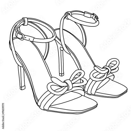 Women's Double Bowknots Sandals With Slingback Heels Square Toe Shoes Line Art, Technical sketch hand drawing outline vector doodle illustration, side view isolated on white background