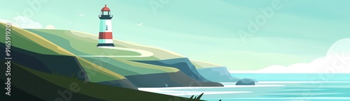 Lighthouse on the green hills near the sea, flat vector background banner illustration with copy space.