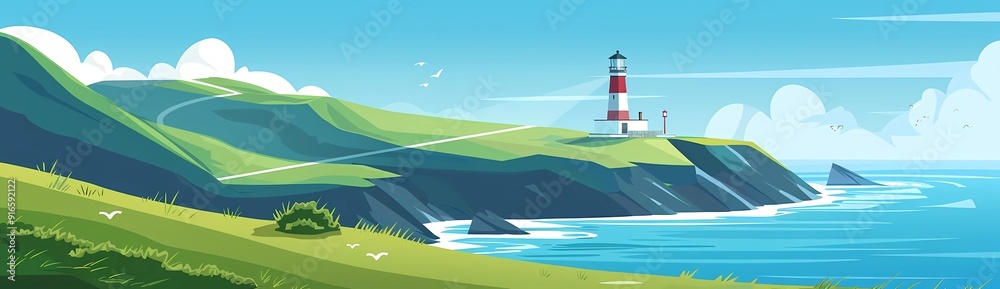 Lighthouse on the green hills near the sea, flat vector background banner illustration with copy space. Lighthouse on the green hills near the sea, flat vector background banner illustration with copy space.