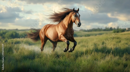 A majestic horse galloping freely across a grassy meadow, its mane and tail flowing in the wind.