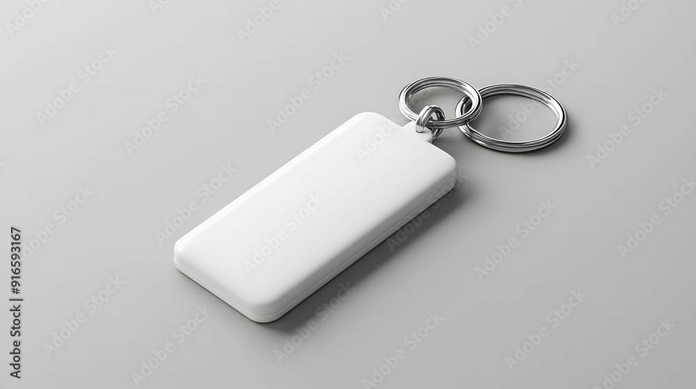 White keychain mockup displayed on a neutral grey background, with soft lighting White keychain mockup displayed on a neutral grey background, with soft lighting