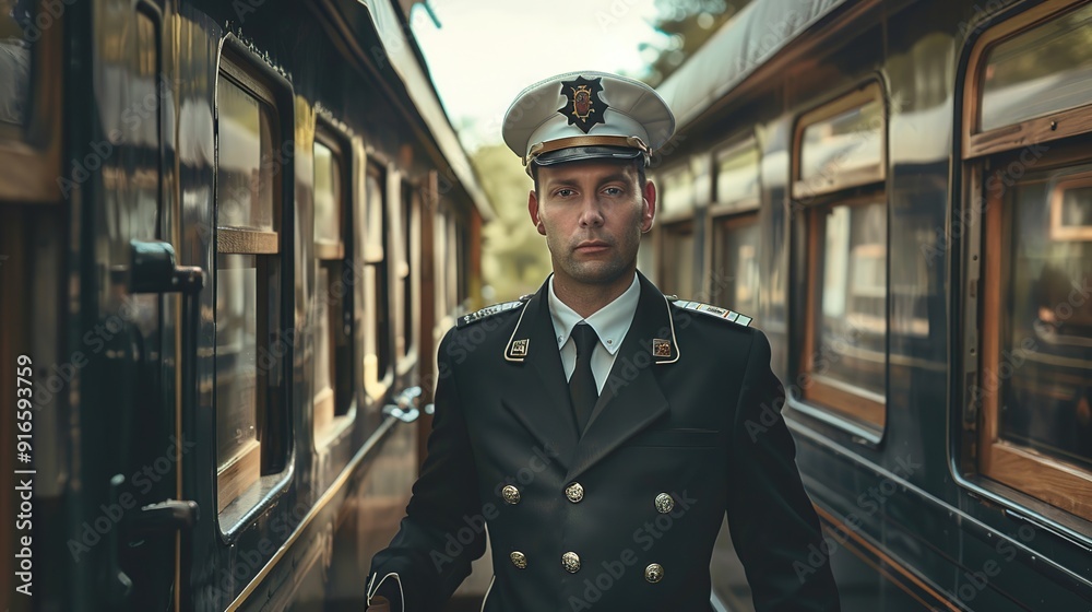 A charming train conductor stands ready to take passengers on a journey through the peaceful countryside. copy space for text. A charming train conductor stands ready to take passengers on a journey through the peaceful countryside. copy space for text.