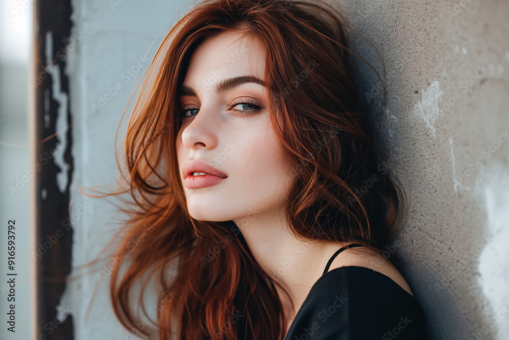 A woman with red hair and brown eyes is standing in front of a wall A woman with red hair and brown eyes is standing in front of a wall