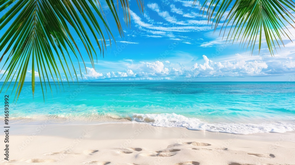 Tropical summer sand beach and palm on sea sky background, copy space Tropical summer sand beach and palm on sea sky background, copy space