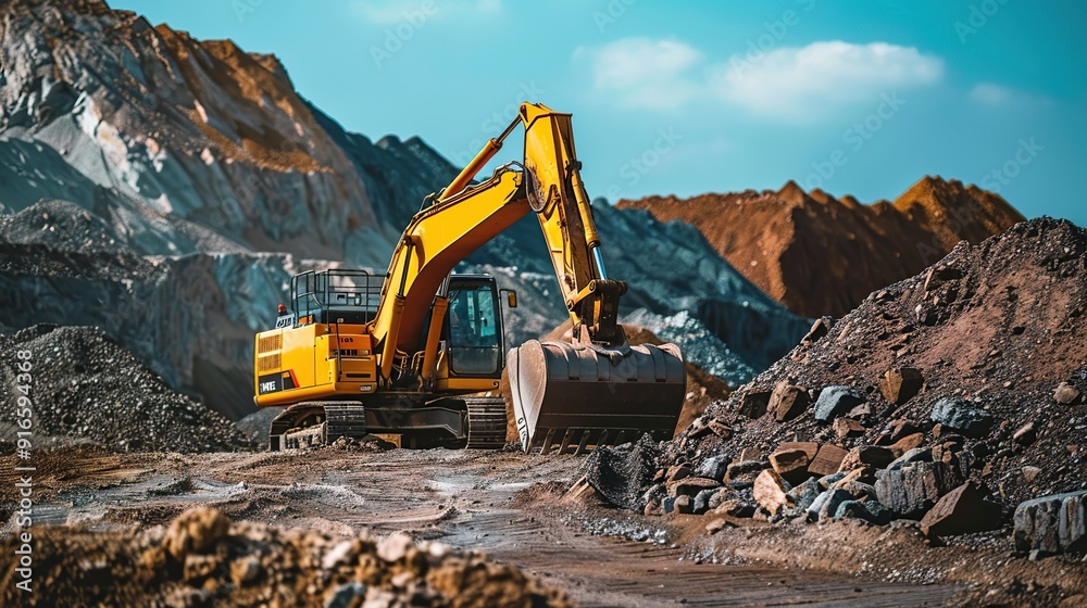 A large yellow excavator stands at a mining site with vibrant blue skies and piles of rocks in the backdrop. copy space for text. A large yellow excavator stands at a mining site with vibrant blue skies and piles of rocks in the backdrop. copy space for text.