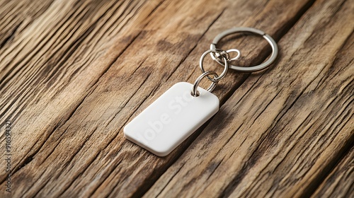 White keychain mockup on a simple wooden table, with a clean, minimalistic look