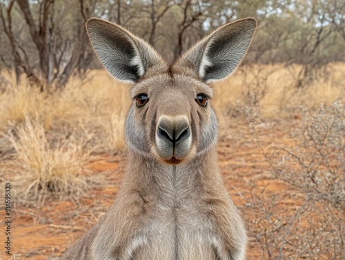 Close-up photo of a kangaroo standing in the Australian outback with dry grass and trees in the background on a sunny day