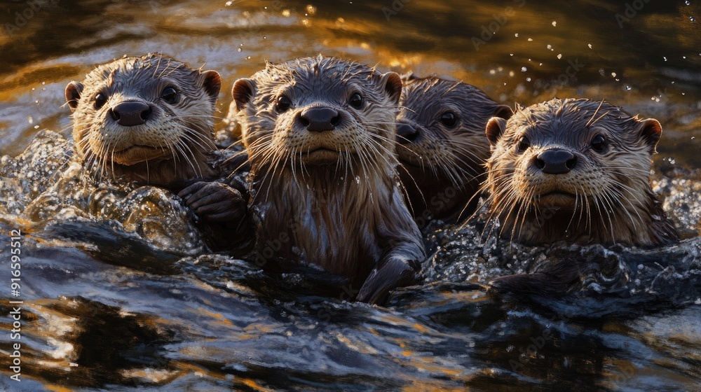 A playful group of otters swimming together in a river, their wet fur gleaming in the sunlight. A playful group of otters swimming together in a river, their wet fur gleaming in the sunlight.