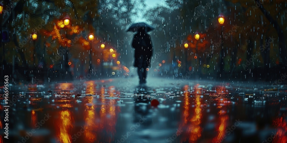 Rainy Cityscape with a Lonely Figure Rainy Cityscape with a Lonely Figure