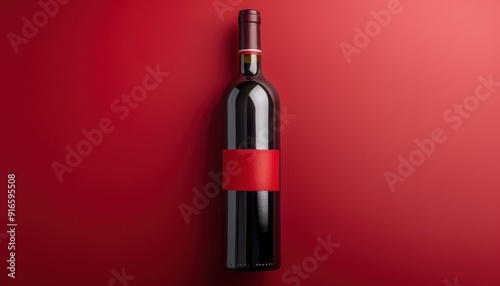 Bottle of red wine with blank label on red background