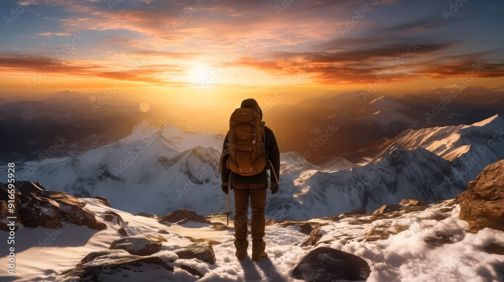 Fototapeta premium Hiker man with view of the sun setting behind the mountain range