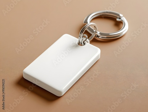 White keychain mockup shown with a slight tilt, placed on a neutral-colored surface photo