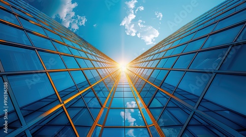 simple modern building structure with glass window and blue sky backdrop