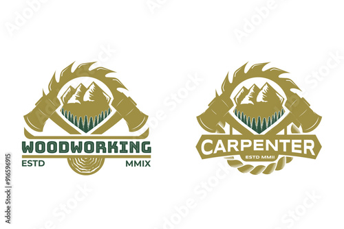woodworks logo design, woodworks or carpentry logo, wood industries company logo, saw blade logo