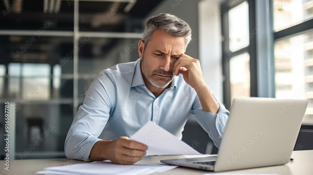 Portrait of middle aged businessman sitting at desk in office and reading paper document while using laptop. Portrait of middle aged businessman sitting at desk in office and reading paper document while using laptop.