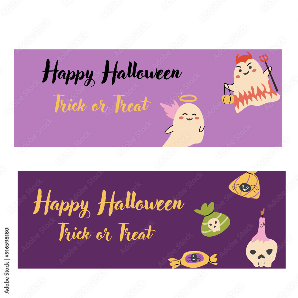Halloween horizontal banners set. Childrens ghost illustrations in flat style. Happy Halloween day vector banners. Cute spooky characters in childish style.